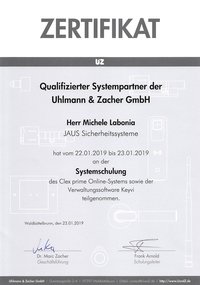 Zertifikat, Labonia, Uhlmann Zacher, Systemschulung, Clex prime, Keyvi