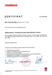 Zertifikat, Otte, mateco, Hebebühne, Platform Card, Hubarbeitsbühne