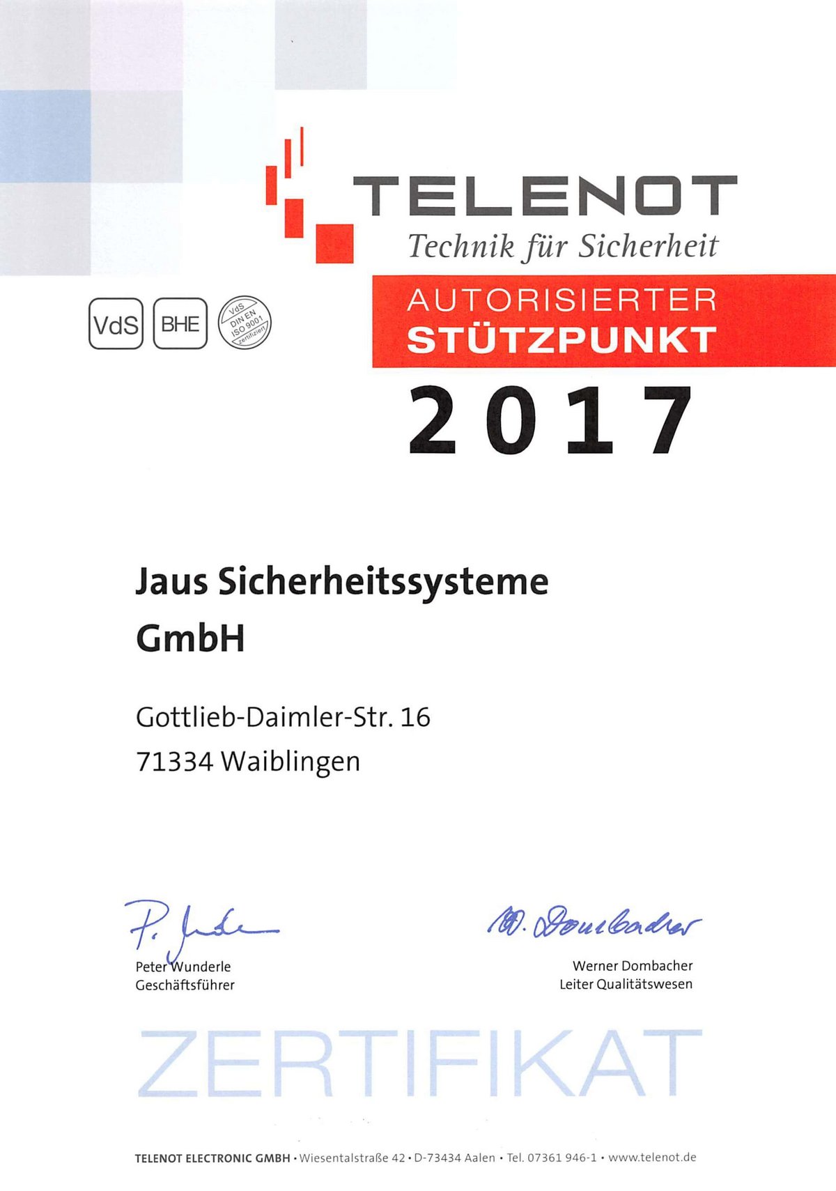 Zertifikat, Telenot, Stützpunkt, Jaus Sicherheitssysteme