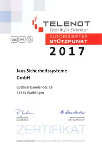 Zertifikat, Telenot, Stützpunkt, Jaus Sicherheitssysteme