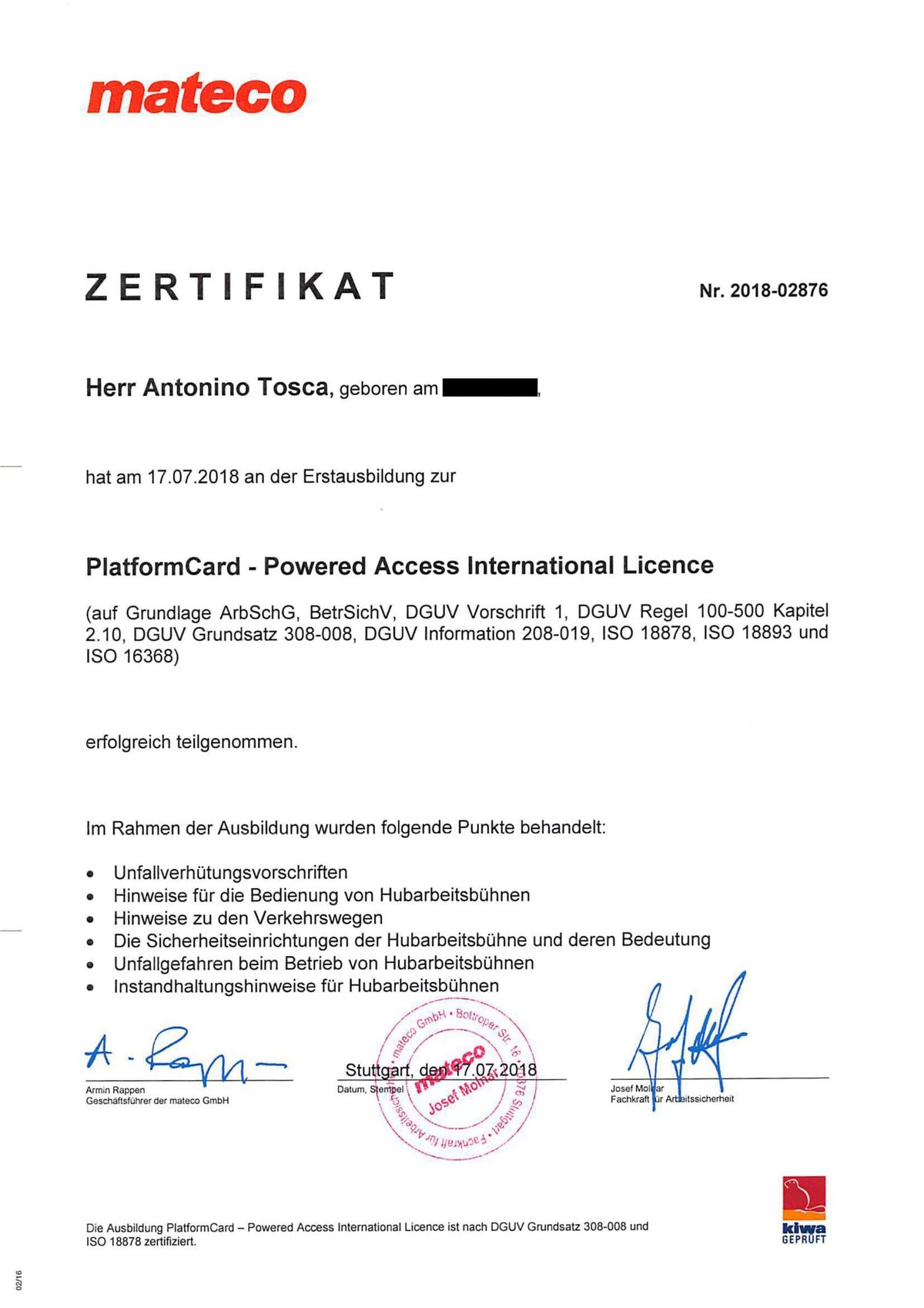 Zertifikat, Tosca, mateco, Hubarbeitsbühne, Hebebühne
