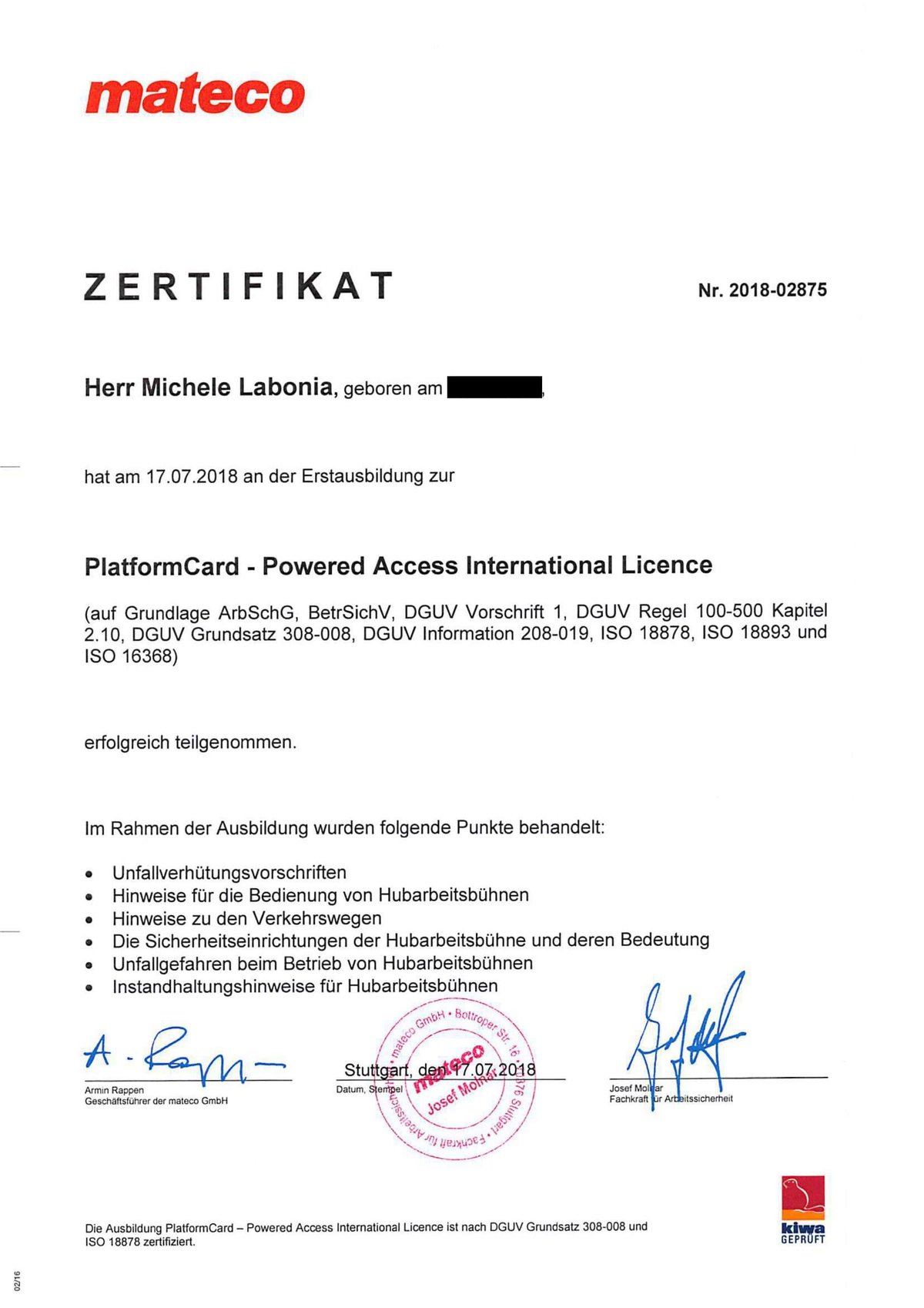 Zertifikat, Labonia, mateco, Hubarbeitsbühne, Hebebühne