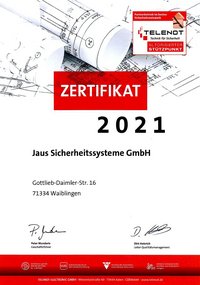 Zertifikat, Telenot, Stützpunkt, Jaus Sicherheitssysteme