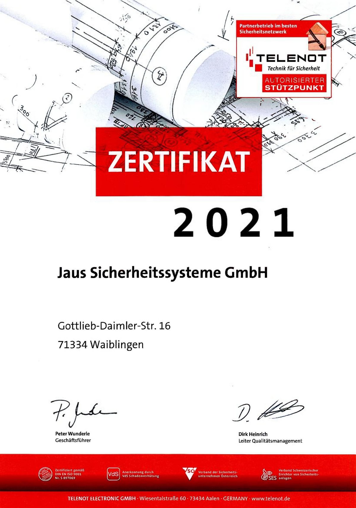 Zertifikat, Telenot, Stützpunkt, Jaus Sicherheitssysteme