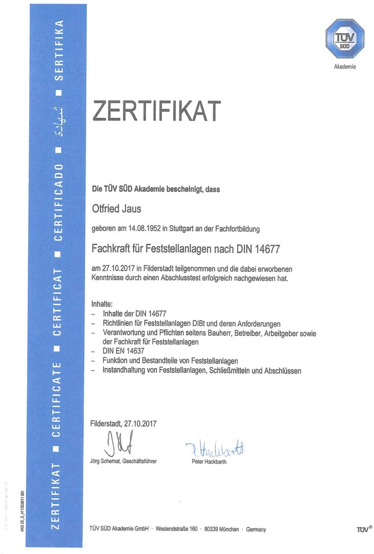 Zertifikat, Jaus Sicherheitssysteme, Feststellanlagen, TÜV