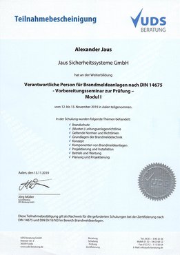 Zertifikat, Alexander Jaus, UDS Beratung, Verantwortliche Person, DIN 14675