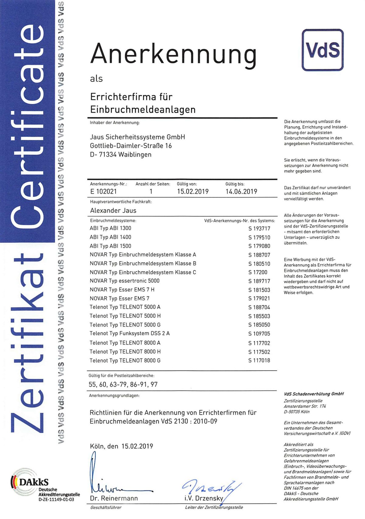 Zertifikat, Jaus Sicherheitssysteme, VdS, EMA, Einbruchmeldeanlage
