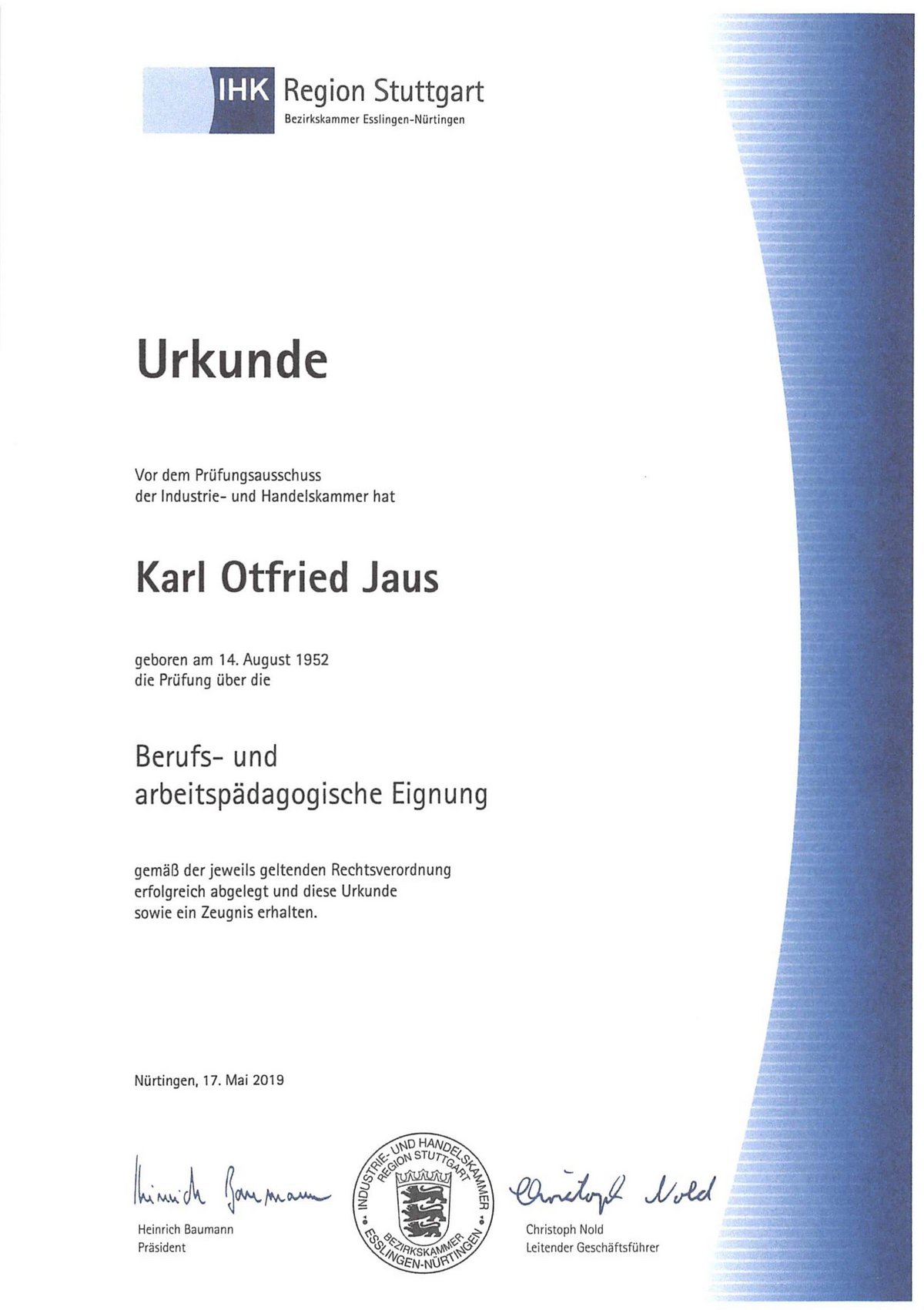 Zertifikat, Jaus Sicherheitssysteme, Ausbilder, IHK
