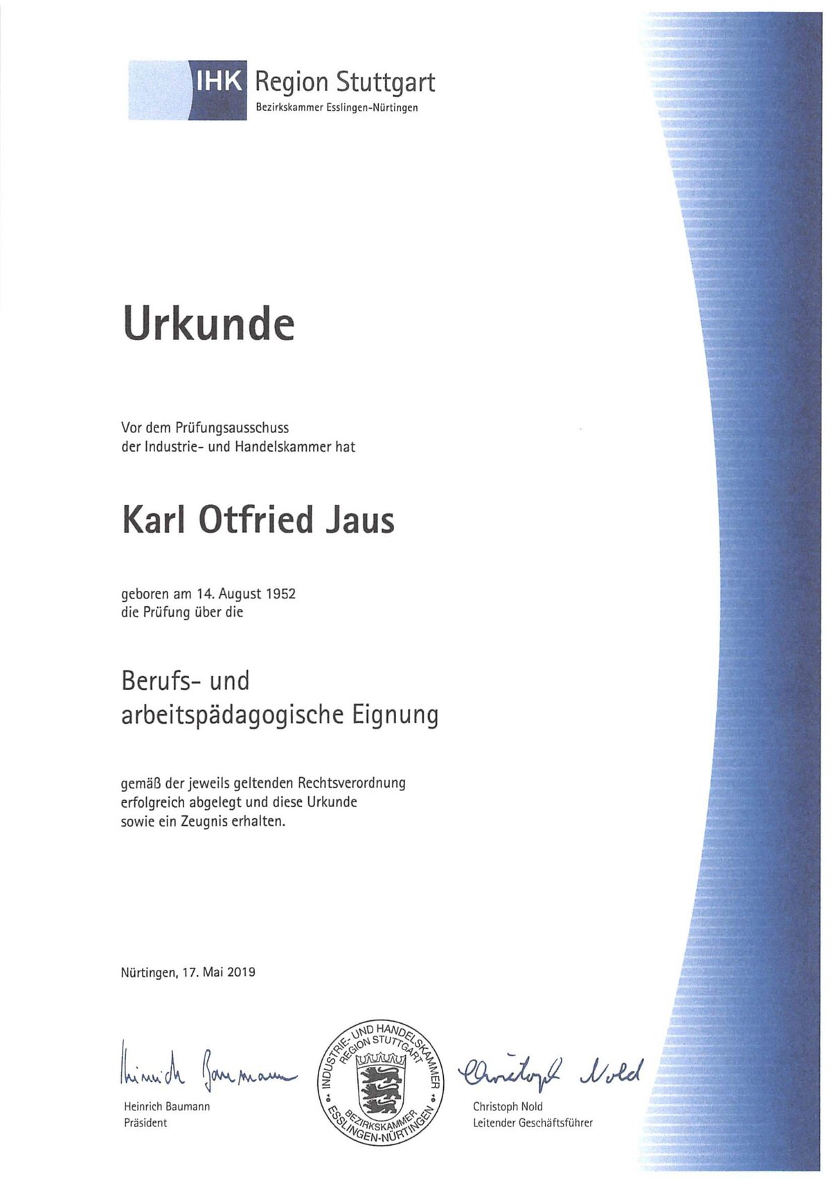 Zertifikat, Jaus Sicherheitssysteme, Ausbilder, IHK