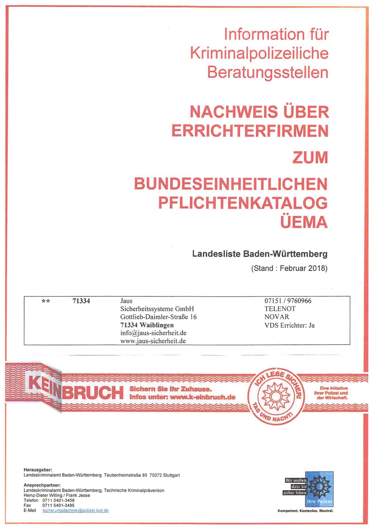 Zertifikat, Jaus Sicherheitssysteme, LKA, Landeskriminalamt, Errichterfirma