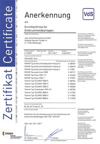 Zertifikat, Jaus Sicherheitssysteme, VdS, EMA, Einbruchmeldeanlage