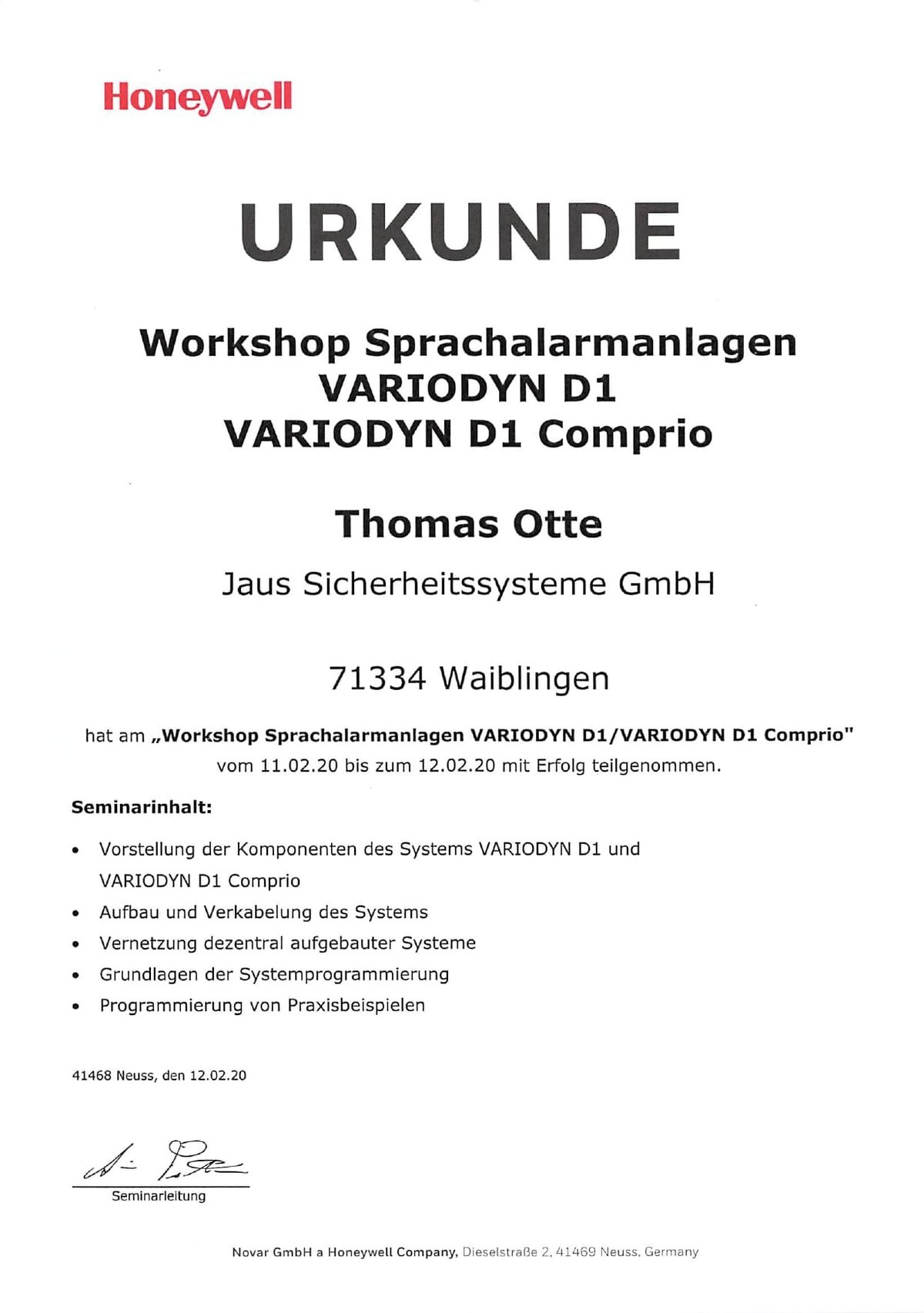 Zertifikat, Otte, Honeywell, Sprachalarmanlagen Variodyn D1, Comprio