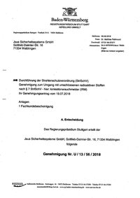 Zertifikat, Jaus Sicherheitssysteme, Ionisationsrauchmelder, Strahlenschutz, Rauchmelder, Entsorgung, Umgang mit Gefahrenmaterial