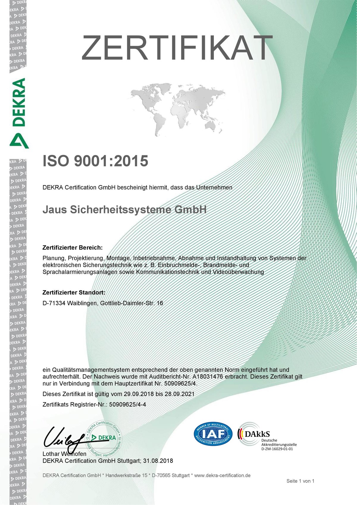 Zertifikat, Jaus Sicherheitssysteme, ISO 9001