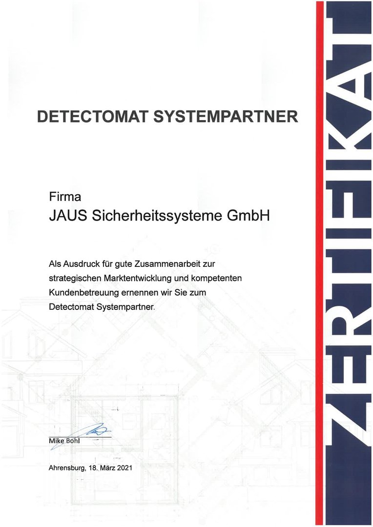 Zertifikat, Detectomat, Systempartner, JAUS Sicherheitssysteme