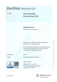 Zertifikat, Jaus Sicherheitssysteme, TÜV, EMA, Einbruchmeldeanlage, Sachverständiger Einbruchschutz