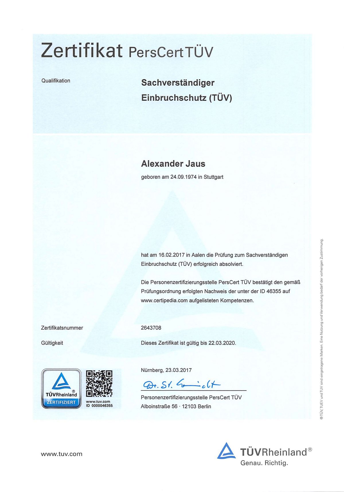 Zertifikat, Jaus Sicherheitssysteme, TÜV, EMA, Einbruchmeldeanlage, Sachverständiger Einbruchschutz