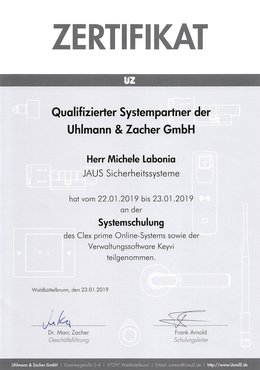 Zertifikat, Labonia, Uhlmann Zacher, Systemschulung, Clex prime, Keyvi