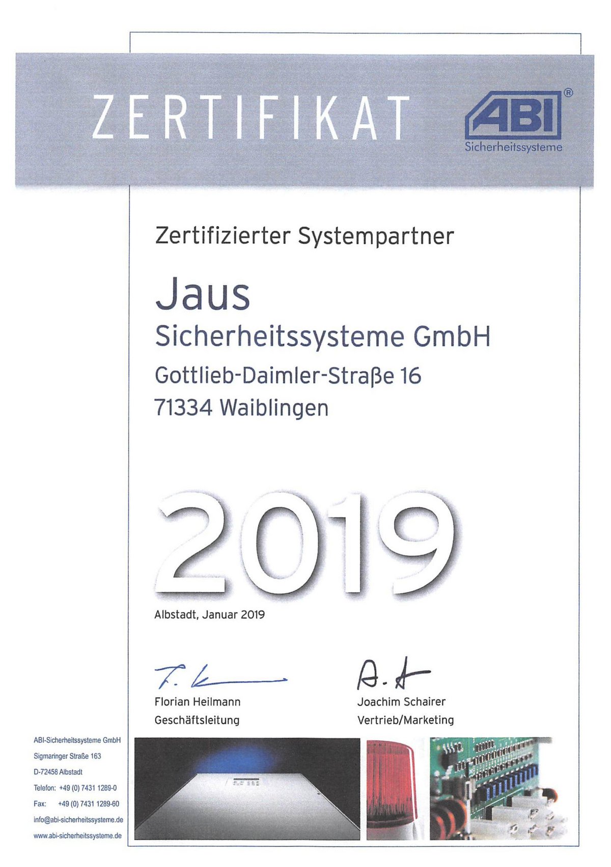 Zertifikat, ABI, Systempartner, Jaus Sicherheitssysteme