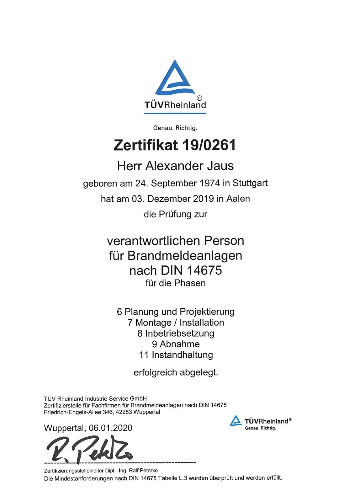 Zertifikat, Jaus Sicherheitssysteme, TÜV, BMA, Brandmeldeanlage, DIN 14675, Verantwortliche Person