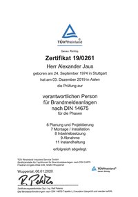 Zertifikat, Jaus Sicherheitssysteme, TÜV, BMA, Brandmeldeanlage, DIN 14675, Verantwortliche Person
