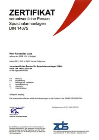 Zertifikat, SAA, Sprachalarmierungsanlage, Sprachalarmanlage, Sprachalarmierung