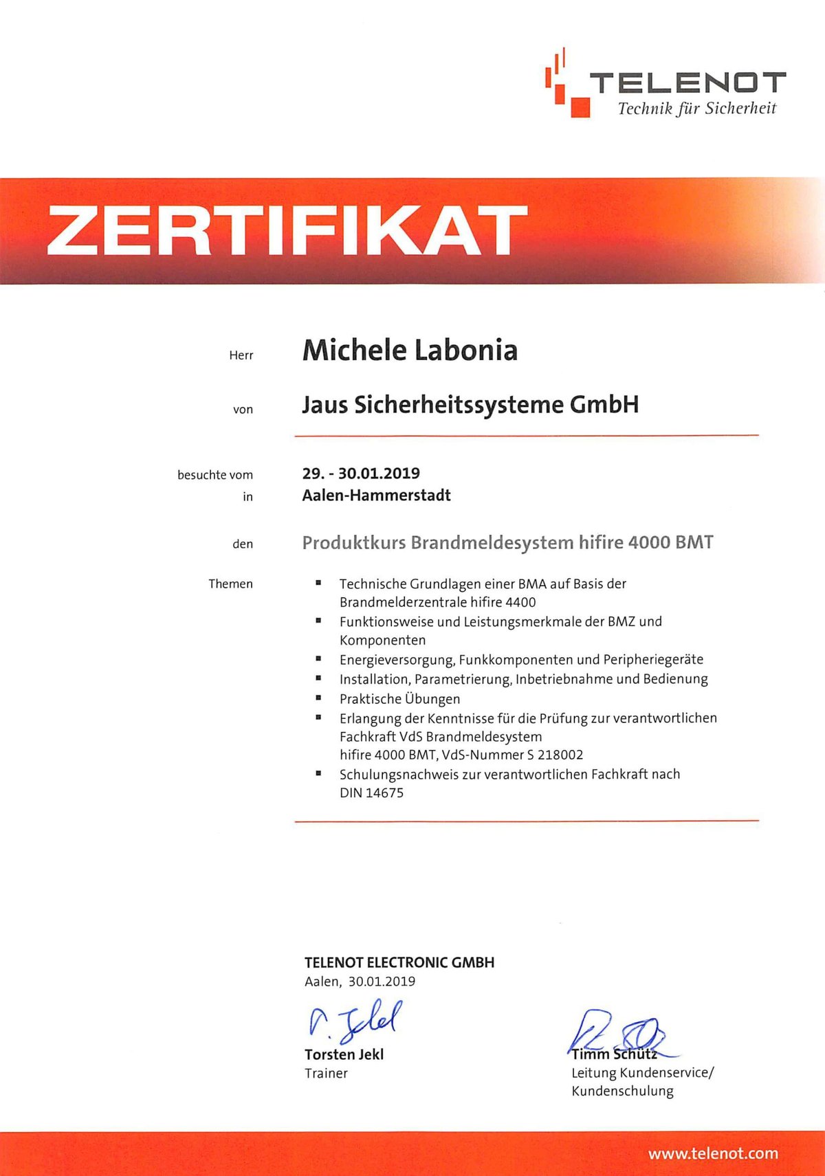 Zertifikat, Labonia, Telenot, Brandmeldesystem hifire 4000 BMT, BMA