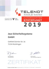 Zertifikat, Telenot, Stützpunkt, Jaus Sicherheitssysteme